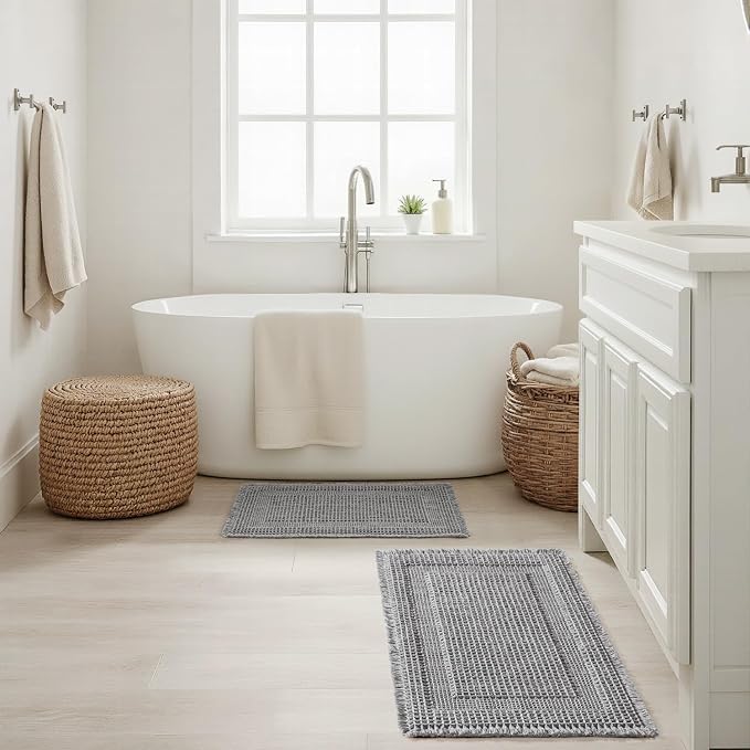 MIULEE Set of 2 Waffle Bathroom Rugs, Boho Bath Rug Super Absorbent, Non Slip Washable Ultra Soft Rubber Backed Shower Bath Mats for Floor, Tub, Shower, Looped Design, Light Grey, 17x24 Inch