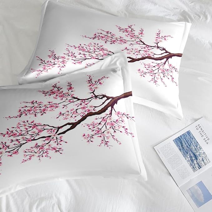 Comforter Set Full Size, Japanese Cherry Blossom 7 Pcs Bedding for Kids and Adults, Flower Painting Pink Bed Sheet Sets with Fitted Sheet 2 Pillowcase & 2 Sham for Bedroom Bed Decor