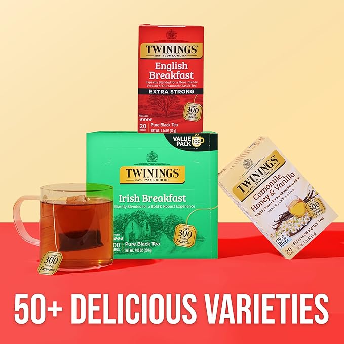 Twinings English Breakfast Extra Strong Black Tea Individually Wrapped Bags, 20 Count (Pack of 1), Robust, Caffeinated, Enjoy Hot or Iced, 20 Teabags
