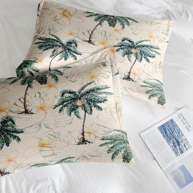 Comforter Set Twin Size, Tropical Botanical Palm Summer 5 Pcs Bedding for Kids and Adults, Hawaiian Coconut Tree Bed Sheet Sets with Fitted Sheet Pillowcase & Sham for Bedroom Bed Decor