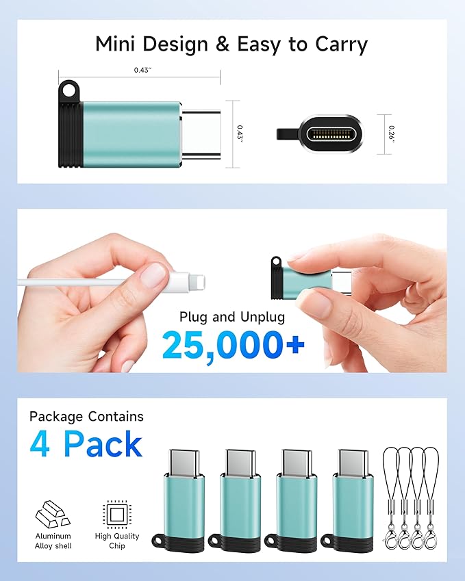 Lightning to USB C Adapter 4 Pack - Fast Charging & Data Transfer USB Type C to Lightning Charger Connector Compatible with iPhone 15/16/17 Pro Max/Plus, Samsung, Pixel - (Not for Audio/OTG)-Green