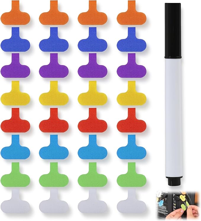 32 Pcs Cord Labels for Electronics with Pen, Write-On Cable Labels Tags with Self-Adhesive Hook and Loop, Multi-Color Wire Markers for Computer Cable Management and Identification 8 Colors