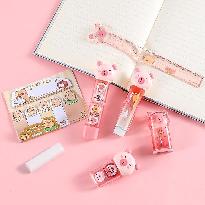 Kogcmeetl 7 Pcs Cute Capybara Stationary Set Kawaii School Supplies Japanese Stationery, Includes Pencil Sharpener, Eraser, Correction Tape, Glue Tape, Sticky Notes, Ruler, for Office School Supplies
