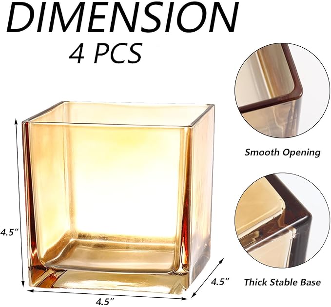 Square Glass Vases Set of 4, 5" x 5" x 5" Amber Flower Vases for Centerpieces, Square Vase for Flowers, Small Vase for Wedding, Party, Home Office Decoration