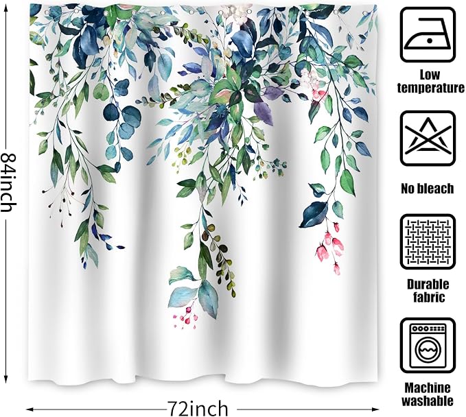 Eucalyptus Extra Long Shower Curtain, Watercolor Green Leaves Plant Floral Spring Nature Waterproof Fabric Machine Washable with Hooks for Bathroom Bathtub Decor 72Wx84H