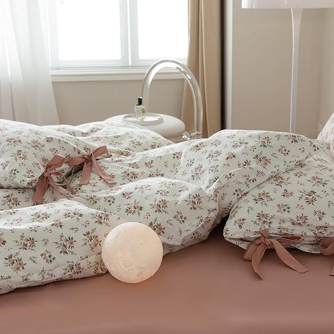 EAVD Vintage Style Garden Pink Floral Duvet Cover Full White Soft Cotton Chic Shabby Pink Floral Bedding Set with 2 Pillowcases Reversible Fresh Botanical Duvet Cover with Zipper Closure