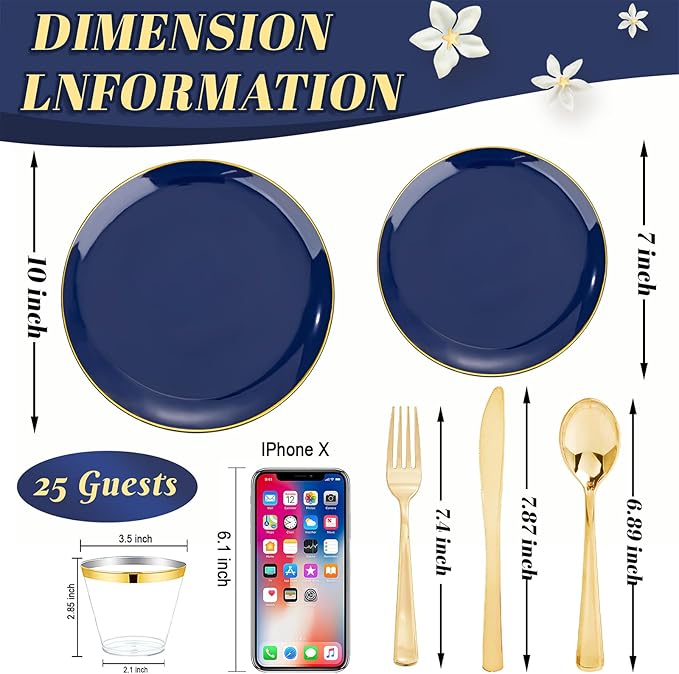 WDF 150pcs Blue plastic Plates - Navy Blue Plates Disposable - 25guest Disposable Dinnerware Sets for Hanukkah/Party/Wedding/Birthday