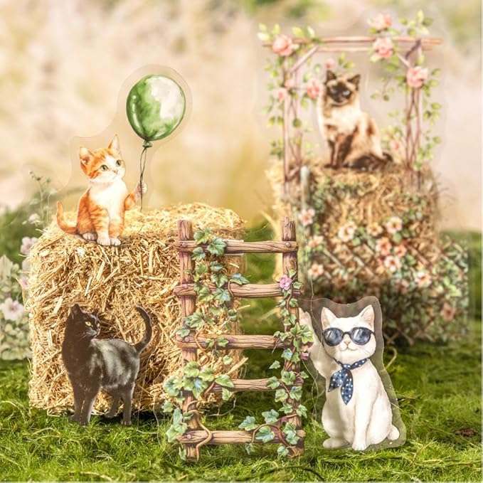 Dwpetzo 90Pcs Unique Transparent PET Stickers for Journaling, Garden Fence with Cat Landscape Stickers for Scrapbooking, Junk Journal Supplies, Collage, Planner