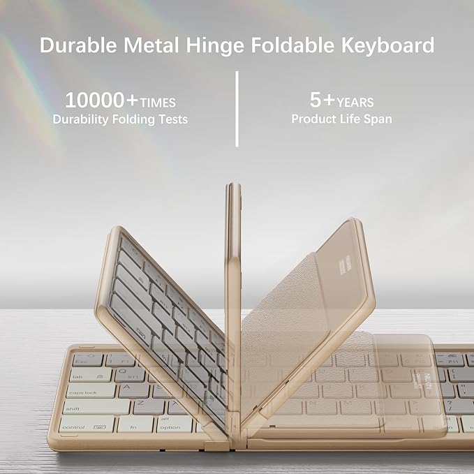 Nillkin Upgraded Foldable Bluetooth Keyboard with Touchpad & Number Pad, Portable Wireless Keyboard for Travel, Pocket-Sized, Full Size Keys, Support 3 Devices for iPad Laptop Tablets Phone, Khaki