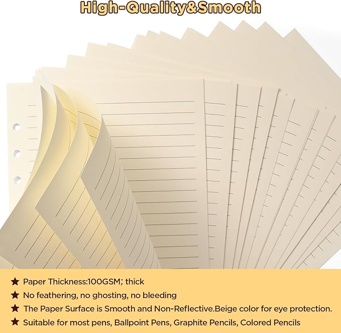 A6 6-Hole Lined Loose-Leaf Paper, Beige – Refill Pages for Standard A6 6-Ring Binder, Journals, Planners – Ideal for Office, Study, Recipes, Travel & Budgeting – Pack of 2 (80 Sheets per Pack)