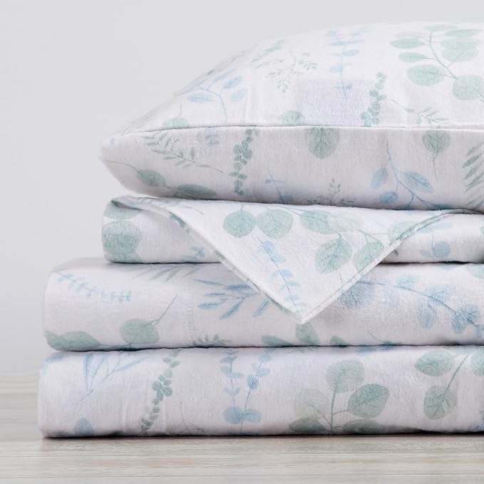 Market & Place 100% Cotton Queen Flannel Sheet Set | 4 Piece Deep Pocket Cozy Winter Floral Bed Sheets | Double Brushed for Extra Softness & Comfort | Alpine Collection (Queen, Eucalyptus Leaves)