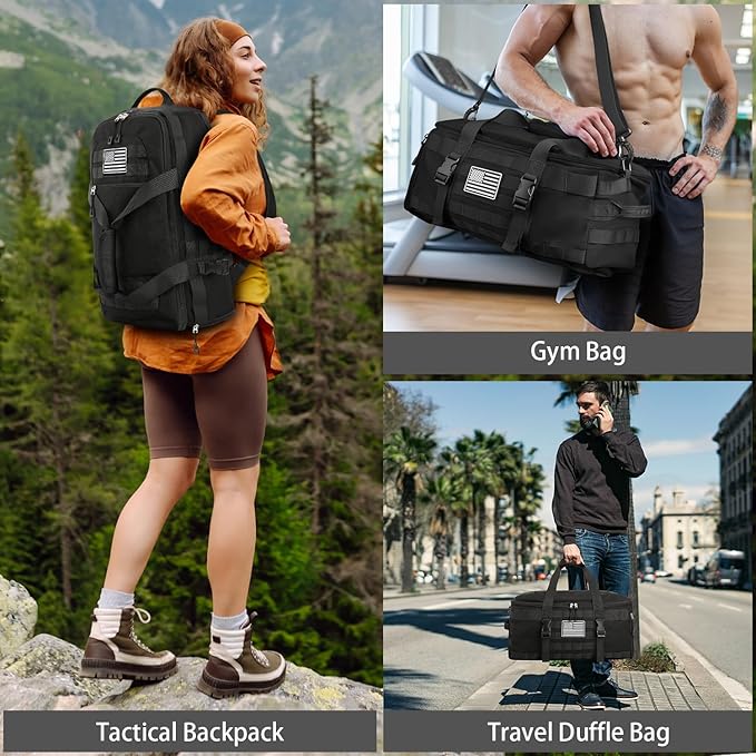 ETRONIK Gym Bags for Men, Extra Large Tactical Duffle Bag Backpack with Shoe Compartment, 3 in 1 Carry on Bag Travel Backpack with Wet Pocket, Weekender Range Bag for Workout Football Gym, Black