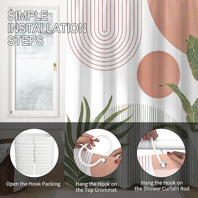 Mid Century Boho Shower Curtain, Abstract Modern Sun Minimalist Aesthetic Shower Curtain, Bohemian Geometric Arch Curve Leaves Neutral Art Fabric Bathroom Curtains Pink 72x84 inch