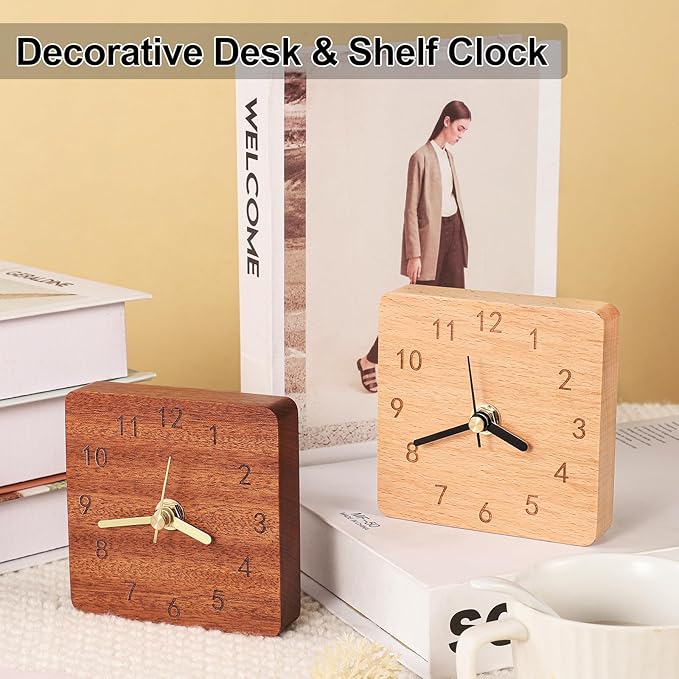 Kattepote Wooden Table Clock on Stand, Decorative Battery Operated Desk and Shelf Clock, Silent Non-Ticking Desktop Clock for Office, Living Room or Bedroom Decor, Square Shape, Sapele Wood