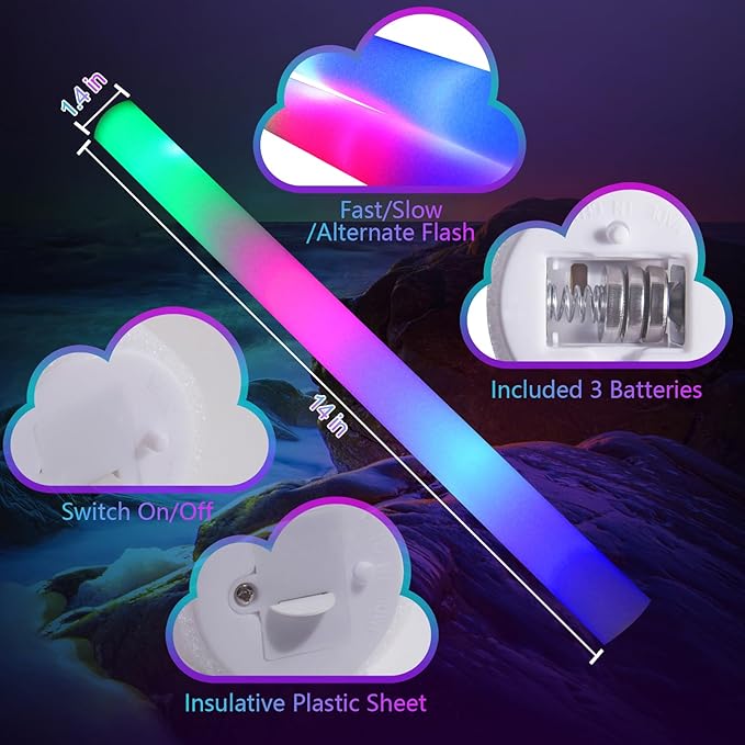 48 PCS LED Foam Glow Sticks Bulk, Glow in the Dark Party Supplies with 3 Modes Colorful Flashing, Neon Party Favors for Birthday, Wedding, Carnival, Concert, New Year