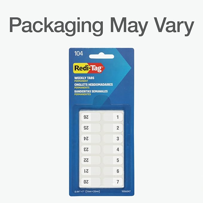 Redi-Tag Weekly Adhesive Tabs, Preprinted Weekday Tabs, 2 Sets of 1-52, 7/17" x 1", 2 Sets, Durable and Customizable Labels with Permanent Adhesive for Planners and Files, White (1006547)