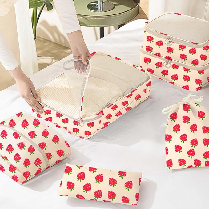 KPX 8 Set Packing Cubes for Travel, Luggage Packing Organizers Accessories Large Toiletries Bag for Clothes Shoes Cosmetics (Strawberry)