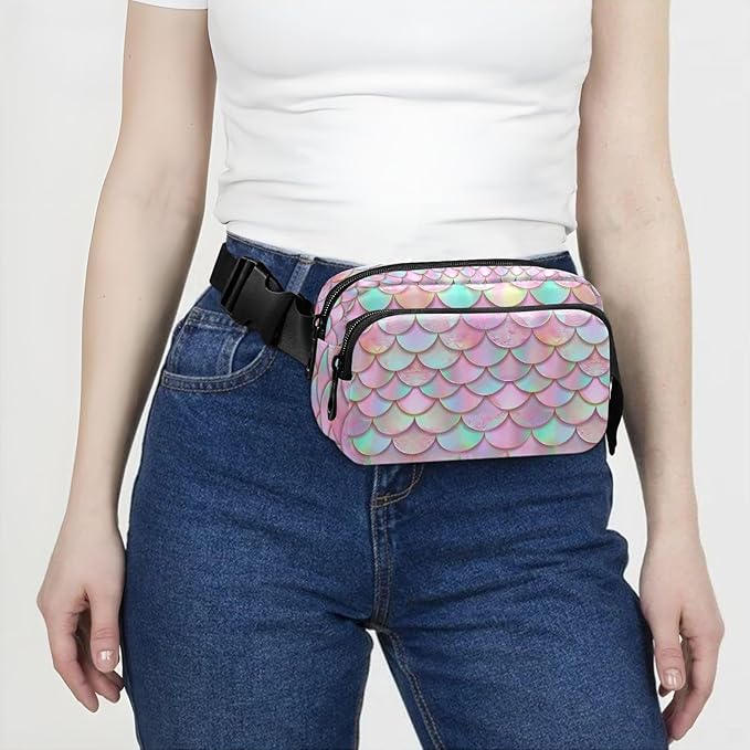 Pink Mermaid Scales Fanny Pack for Women Men Water Resistant Fashion Waist Packs with Adjustable Strap Belt Bag for Travel Workout Jogging Hiking 21219433