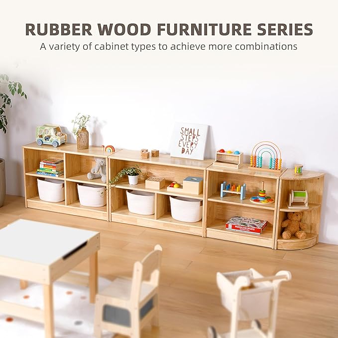 OOOK Rubber Wood 5-Compartment Montessori Shelf, 35.4" L Toddler Bookshelf, 2-Tier Wooden Storage Cabinet, Kids Classroom Organizer, Playroom, Daycare and Preschool Storage Shelves
