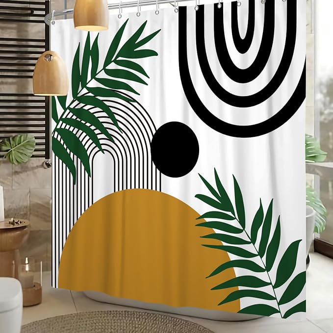Boho Mid Century Shower Curtain Bohemian Abstract Modern Sun Bathroom Curtain Geometric Arch Curve Leaves Polyester Shower Curtain Sets for Bathroom Extra Long 60x72 in with 10 Hooks