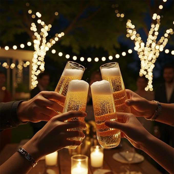 Goodluck 24pack Clear Disposable Champagne Flutes,9oz Stemless Champagne Flutes,Stemless Disposable Clear Plastic Toasting Glasses for Weddings, Birthday Parties, Family Gatherings, Bars etc