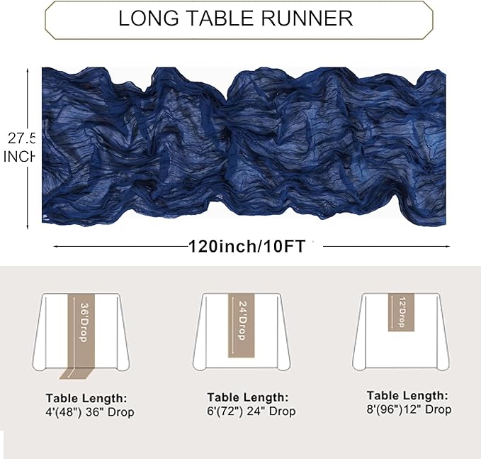 Snowkingdom 6PCS 10Ft Navy Blue Cheesecloth Table Runner, 120inch Long Cheese Cloth Boho Gauze Runner for Wedding Bridal Baby Shower Birthday Holiday Party Sheer Table Decorations