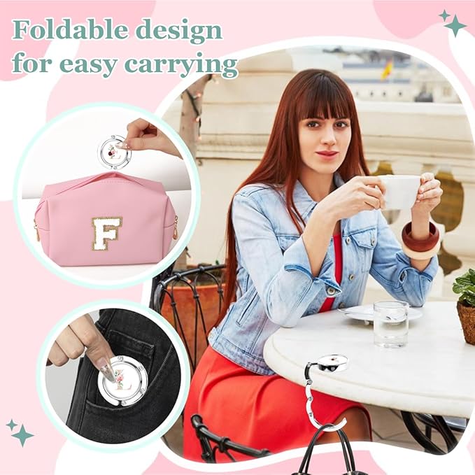 XSUIOY 3Pcs Personalized Initial Foldable Purse Hook for Table,Crushed Flower Letters Folding Purse Hanger,Purse Holder Handbag Hanger Collection Desk Table Bag Hooks Gifts for Women Bag(Pink-B)
