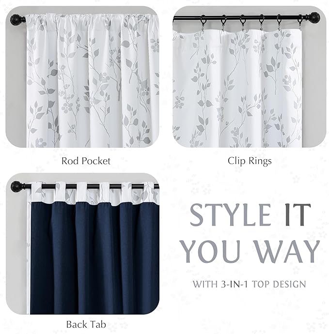 Beauoop Floral 100% Blackout Curtains 96 Inches Long 2 Panels for Bedroom Living Room Grey White Flower Patterned Room Darkening Thermal Insulated Soundproof Rod Pocket Back Tab Window Drapes, 52X96