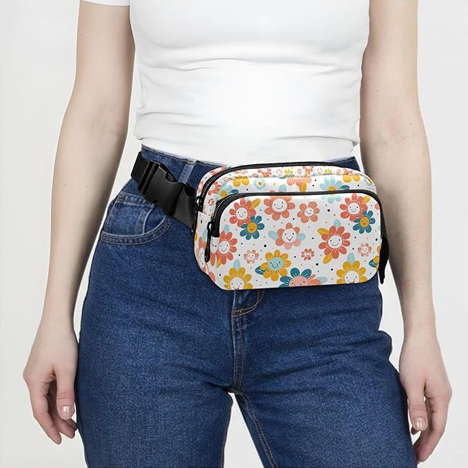 Cute Flowers Smiling Faces Fanny Pack for Women Men Water Resistant Fashion Waist Packs with Adjustable Strap Belt Bag for Travel Workout Jogging Hiking 21220449
