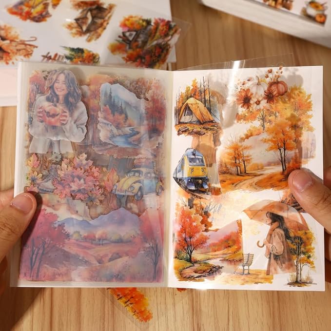 Dwpetzo Fall Landscape Pre-Cut Autumn Journal Sticker Book, Transparent PET Watercolor Scrapbook Stickers for Junk Journaling Supplies, Scrapbooking, Collage, Bujo, 20 Sheets