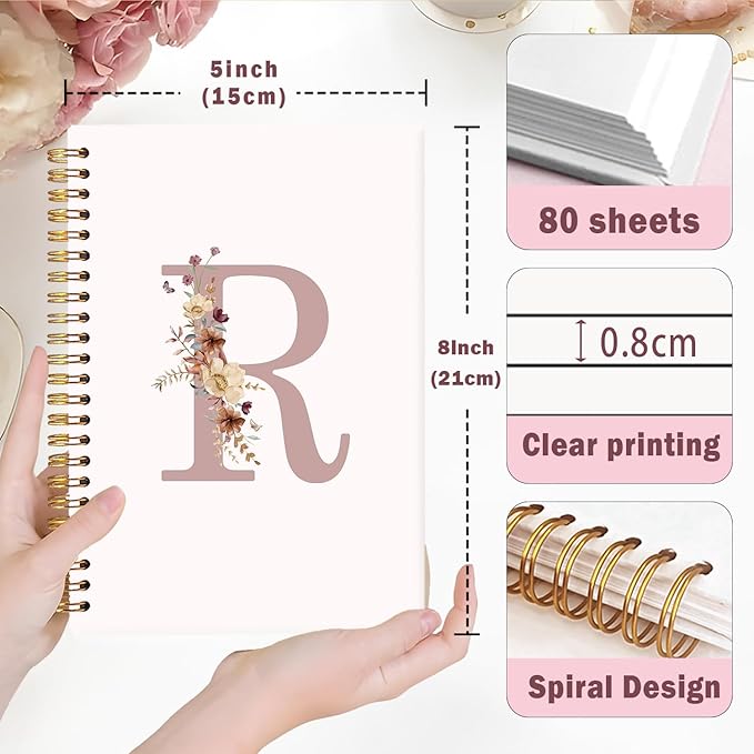 Lacama Pink Initial Letter R Notebook Journal, Customized Monogrammed Gifts, Aesthetic Wildflower Personalized Spiral Notebook, Birthday Gifts for Women, School Supplies, Office Supplies 5.5x8.3