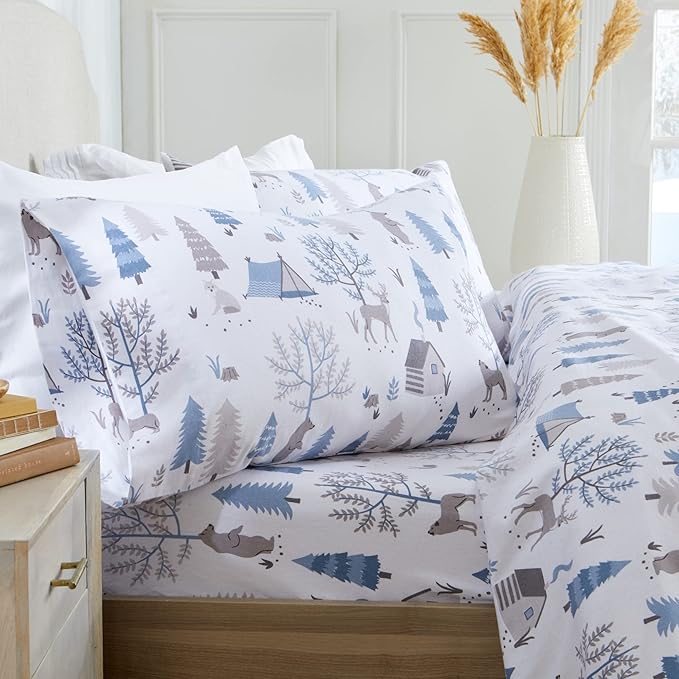 Market & Place 100% Turkish Cotton Flannel Sheet Set | 4 Piece Deep Pocket Novelty Cozy Winter Bed Sheets | Double Brushed for Extra Softness & Comfort | Alpine Collection (Queen, Winter Wildlife)
