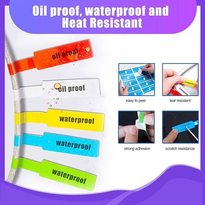 600 PCS Cable Labels - 12 Color Wire Tags for Laser Printing & Handwriting, Waterproof Tear-Resistant Cord Organizers, Strong Adhesive for IT, Office & Industrial Use