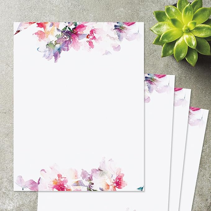 Current Brushed Floral Letter Paper - Spring Stationery Papers With Decorative Flower Border, Printable Holiday, Wedding & Bridal Shower, & Invitation Sheets, Set of 25, 8 1/2" x 11"