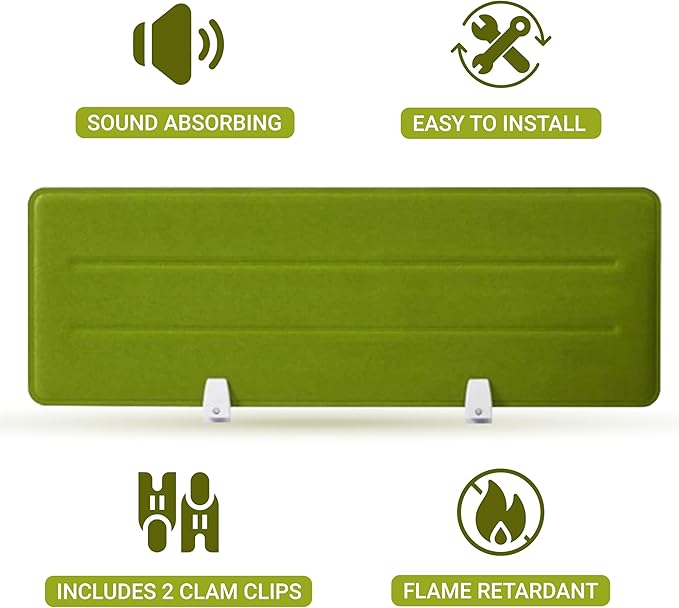 Desk Divider Panel, 34.6" x 11.8", Green – Clamp-On with 2 L-Clips, Soundproof Noise Reducing Privacy Screen for Office or Home Desk, High Quality Polyester