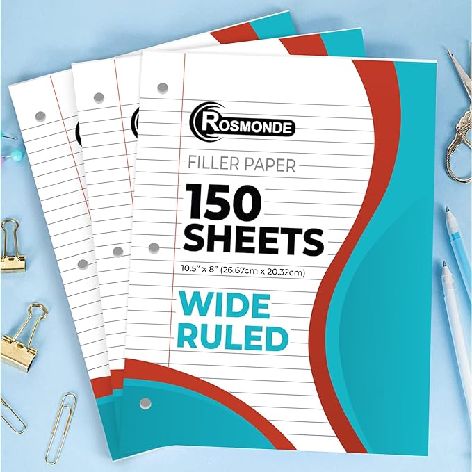Rosmonde Loose Leaf Paper Bulk, 6750 Sheets, Wide Ruled, 8 x 10.5", Filler Papers for Office, 56 Gsm Thick Sheets, 3 Hole Punched for Binders, 45 Pack, 150 Sheets/Pack, Bulk Notebook Paper, White