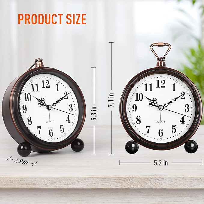 RODH Battery Alarm Clock,Night Light,Vintage Hangable Super Silent Non Ticking Analog Table Clock for Bedroom Bedside, Desk,Shelf