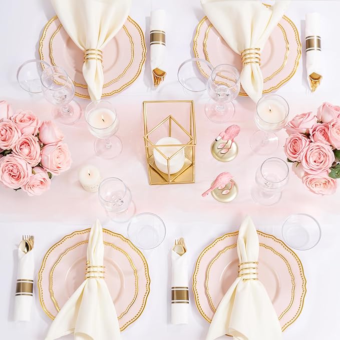 Hioasis 175pcs Pink and Gold Plastic Plates - Pink Plastic Dinnerware Set Includes 25 Dinner Plates, 25 Dessert Dinnerware, 25 Cups, 25 Napkins Perfect for Wedding & Party