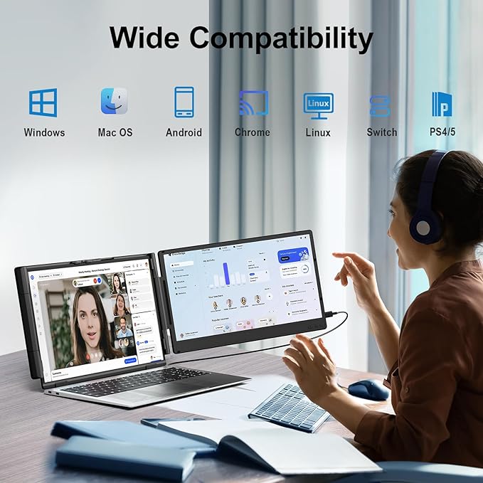 Cevaton Laptop Screen Extender, 14" FHD 1080P Portable Monitor for Laptop, Plug & Play Screen Extender, Auto Adjust Width Dual Monitor for 13" - 17" Laptops, Compatible for MacOS/Wins/Chrome/Dex