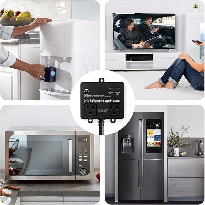 Refrigerator Surge Protector, Ortis Double Outlet Voltage Protector for Home Appliances TV Washer with Time Delay, Protects Against Brownout, Spike, Instant Surge All Voltage Abnormalities