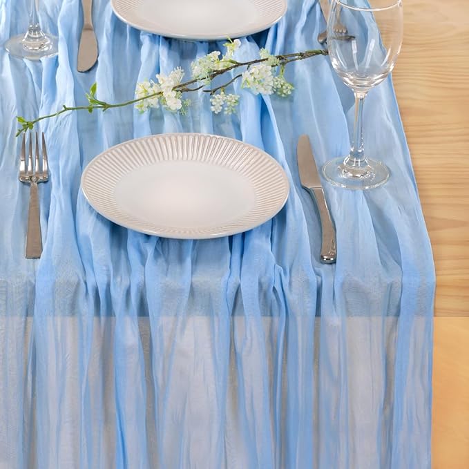 MLMC 12 Pack Baby Blue Cheesecloth Table Runner 10ft Rustic Light Blue Baby Shower Table Runner Bulk 35x120 Inches for Wedding Birthday Baby Shower Gender Reveal Decor