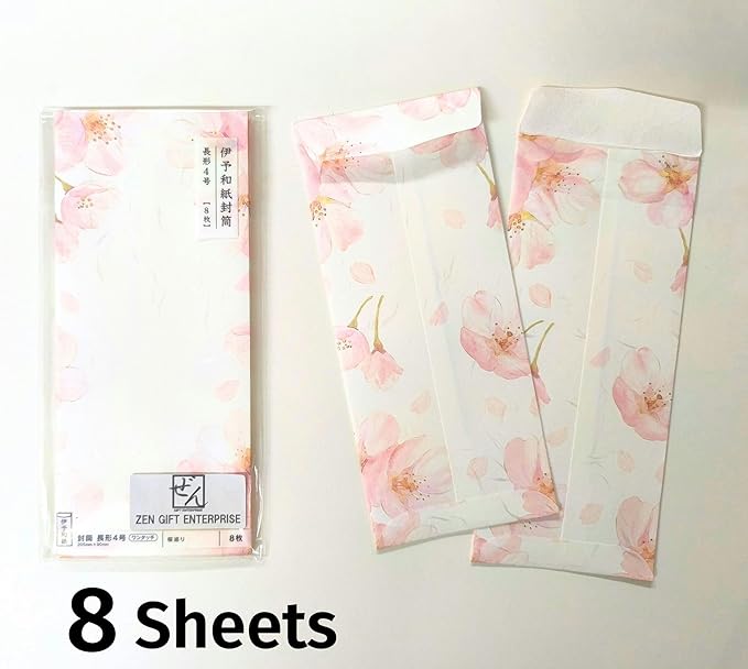 Japanese Cherry Blossom Envelopes 8 Pack, Made in Japan, (Light Pink), Elegant Washi Paper, Self Sealing, Sakura