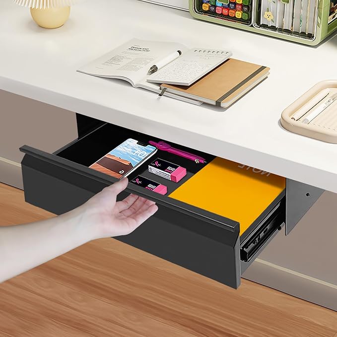 16" Under Desk Drawer Slide Out For Office Desk, Storage Organizer For Sit Stand Workstation, Black