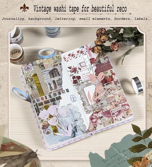 Washi Tape Set, 24 Rolls Red Vintage floral Journaling Supplies,for Christmas Valentine's Day Journaling Supplies Journal Scrapbook Tape, Bullet Journaling Scrapbooking Supplies, DIY Art Decorative