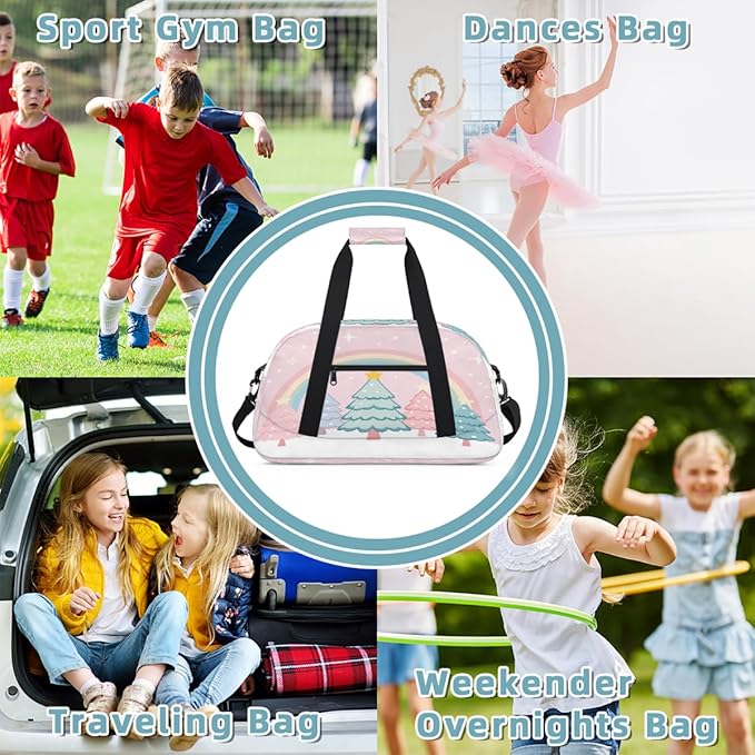 Kids Duffle Bag Girls Boys Cute Rainbow Christmas Tree On Pink Weekender Overnight Bag,Lightweight Duffel Bags for Traveling Gym Sport Dance