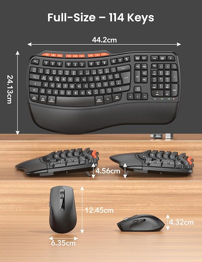 Ergonomic Wireless Keyboard and Mouse Combo, 2.4G Full Size Wave Key Board with Cushioned Palm Rest, Natural Typing, 3 DPI Adjustable Mouse, USB-A & C for Computer/Laptop/Mac/Tablet – Sablute