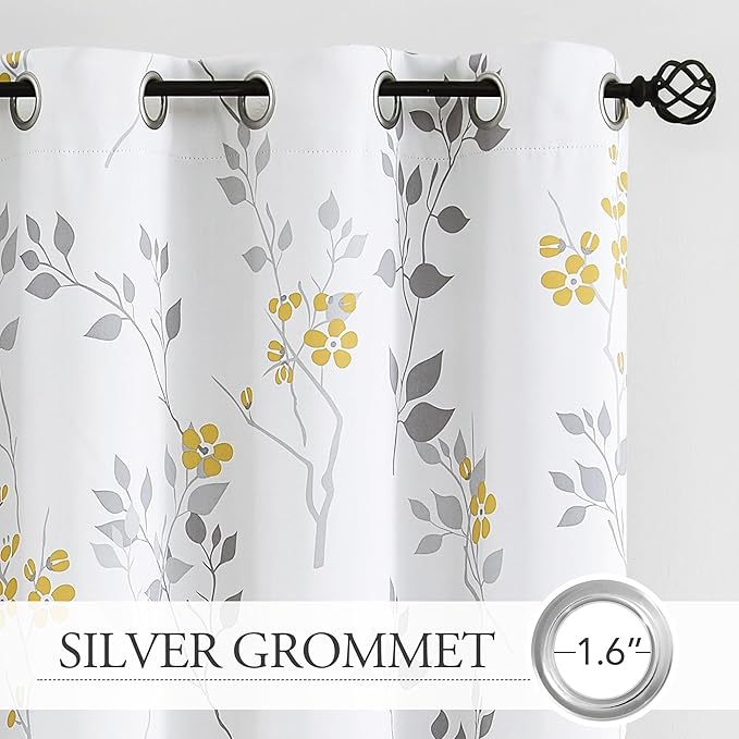Beauoop Floral 100% Blackout Curtains 72 Inches Long 2 Panels for Bedroom Living Room Yellow Grey and White Flower Patterned Room Darkening Thermal Soundproof Grommet Window Treatments Drapes, 52X72