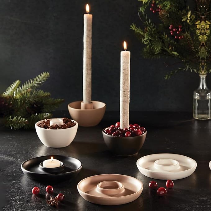 47th & Main Votive and Incense Candle Holders for Candlesticks, Ceramic Modern Decorative Candle Holder for Dining Table Centerpiece, 5" Diameter x .75" Tall, Tan