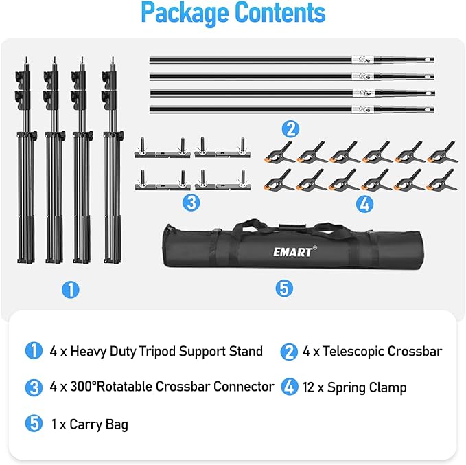 EMART Back Drop Adjustable Stand,10X10X10ft Square Backdrop Stand Heavy Duty Photography Background Support System Kit with 300° Rotatable Connector and 12 Spring Clamp for Party,Wedding,Photo Studio