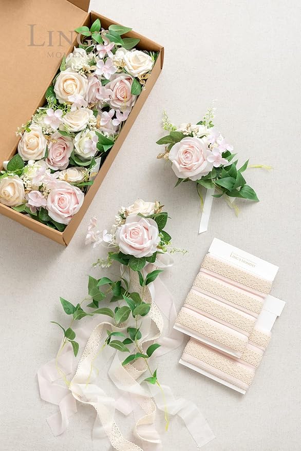 Ling's moment 8pcs Wedding Artificial Aisle Pew Flowers Chair Decorations Arrangements with Chiffon Ribbons Blush Pink Cream for Ceremony Chair Back Floral Decor Reception Church Party Outdoor
